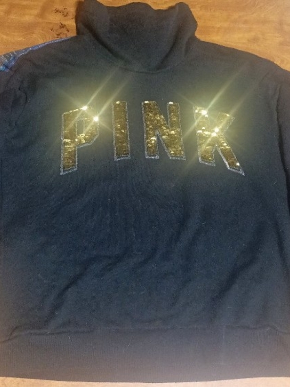 Victoria's Secret Pink Bling Campus Cowl Neck Rainbow Flip Sequins Logo sz xs